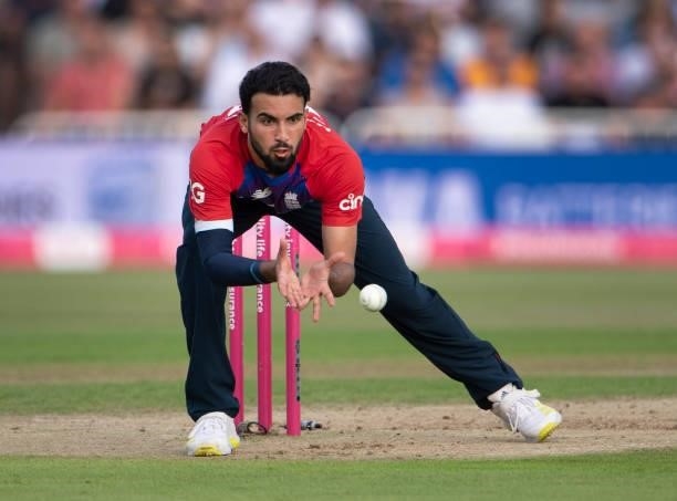Saqib Mahmood of England during the 1st T20I between England and Pakistan at Trent Bridge on July 16, 2021 in Nottingham, England.