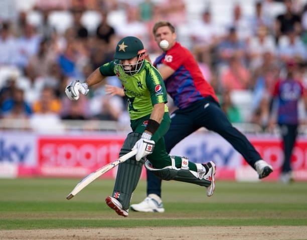 David Willey; of England attempts to run out Mohammad Rizwan of Pakistan during the 1st T20I between England and Pakistan at Trent Bridge on July 16,...