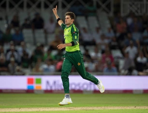 Shaheen Afridi of Pakistan celebrates the final wicket of Matt Parkinson of England during the 1st T20I between England and Pakistan at Trent Bridge...