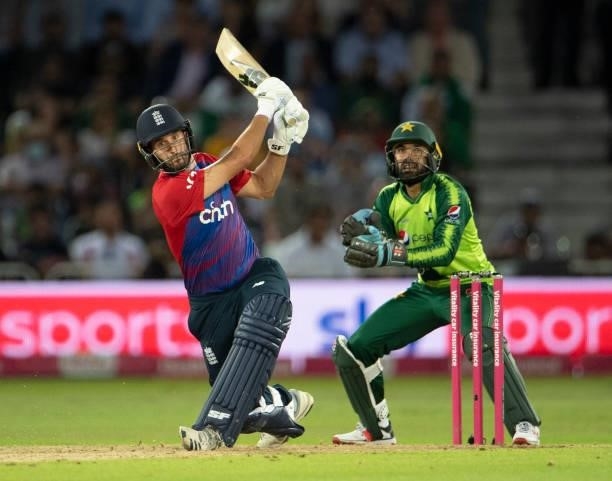 Lewis Gregory of England batting with Mohammad Rizwan of Pakistan wicket keeper during the 1st T20I between England and Pakistan at Trent Bridge on...