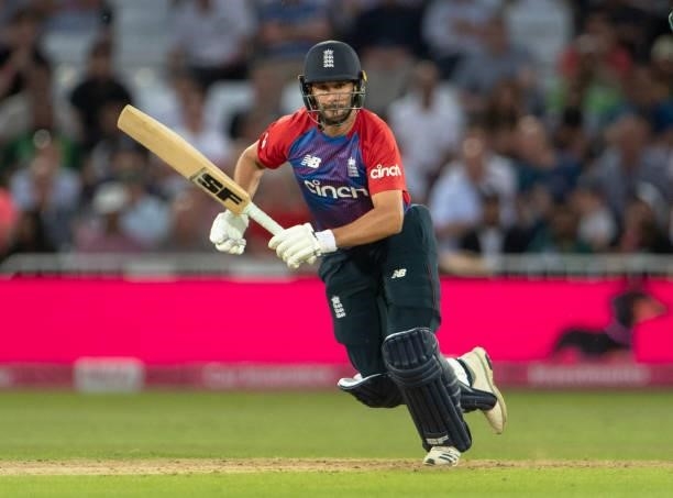 Lewis Gregory of England batting during the 1st T20I between England and Pakistan at Trent Bridge on July 16, 2021 in Nottingham, England.