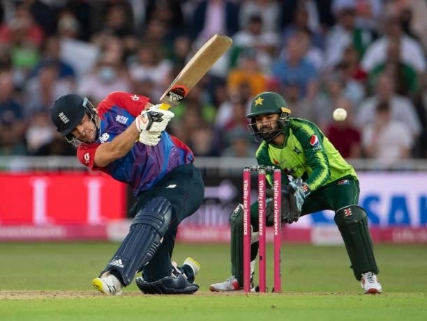 Liam Livingstone of England batting with Mohammad Rizwan wicket keeper during the 1st T20I between England and Pakistan at Trent Bridge on July 16,...