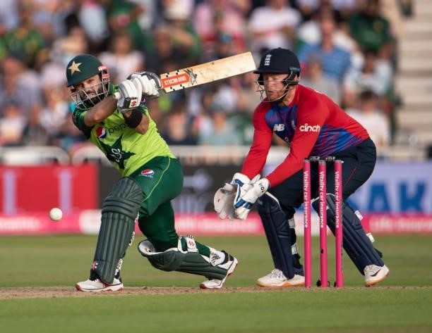 Mohammad Rizwan of Pakistan batting with Jonny Bairstow of England keeping wicket during the 1st T20I between England and Pakistan at Trent Bridge on...