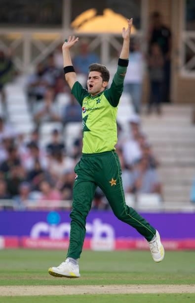 Shaheen Afridi of Pakistan appeals during the 1st T20I between England and Pakistan at Trent Bridge on July 16, 2021 in Nottingham, England.