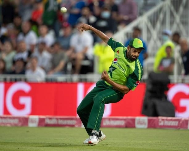 Haris Rauf of Pakistan celebrates catching Eoin Morgan during the 1st T20I between England and Pakistan at Trent Bridge on July 16, 2021 in...