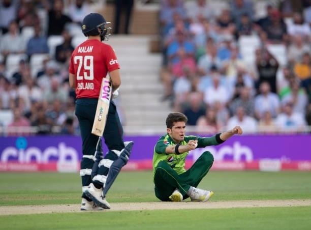 Shaheen Afridi of Pakistan celebrates getting the wicket of Dawid Malan caught and bowled during the 1st T20I between England and Pakistan at Trent...