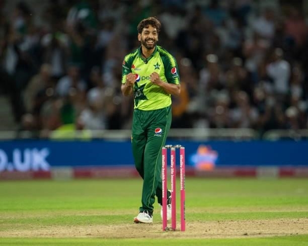 Haris Rauf of Pakistan celebrates getting the wicket of David Willey of England during the 1st T20I between England and Pakistan at Trent Bridge on...