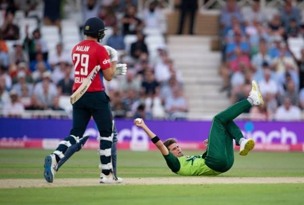 Shaheen Afridi of Pakistan celebrates getting the wicket of Dawid Malan caught and bowled during the 1st T20I between England and Pakistan at Trent...