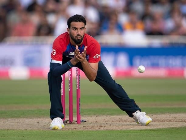 Saqib Mahmood of England during the 1st T20I between England and Pakistan at Trent Bridge on July 16, 2021 in Nottingham, England.