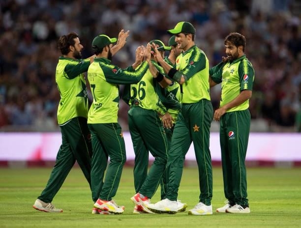The Pakistan team celebrate the wicket of David Willey during the 1st T20I between England and Pakistan at Trent Bridge on July 16, 2021 in...