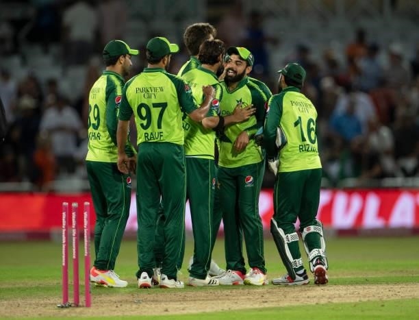 The Pakistan team celebrate victory after the 1st T20I between England and Pakistan at Trent Bridge on July 16, 2021 in Nottingham, England.