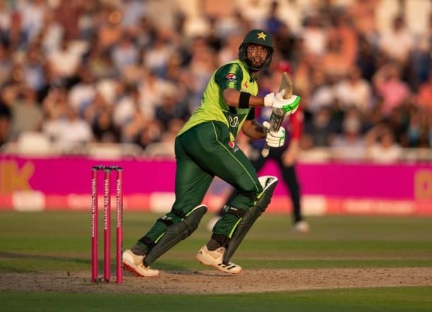 Imad Wasim of Pakistan batting during the 1st T20I between England and Pakistan at Trent Bridge on July 16, 2021 in Nottingham, England.