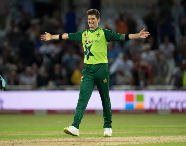Shaheen Afridi of Pakistan celebrates the final wicket of Matt Parkinson of England during the 1st T20I between England and Pakistan at Trent Bridge...