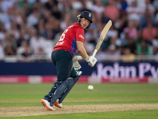 Eoin Morgan of England batting during the 1st T20I between England and Pakistan at Trent Bridge on July 16, 2021 in Nottingham, England.