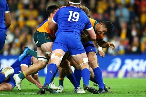 Hunter Paisami of the Wallabies is tackled during the International Test Match between the Australian Wallabies and France at Suncorp Stadium on July...