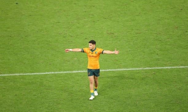 Australia's Noah Lolesio during the International Test Match between the Australian Wallabies and France at Suncorp Stadium on July 17, 2021 in...