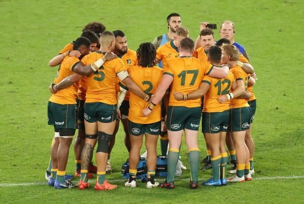 Australia team members huddle during the International Test Match between the Australian Wallabies and France at Suncorp Stadium on July 17, 2021 in...