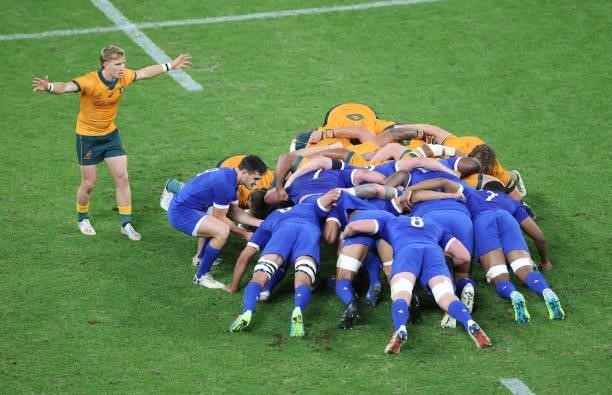 France feed a scrum during the International Test Match between the Australian Wallabies and France at Suncorp Stadium on July 17, 2021 in Brisbane,...