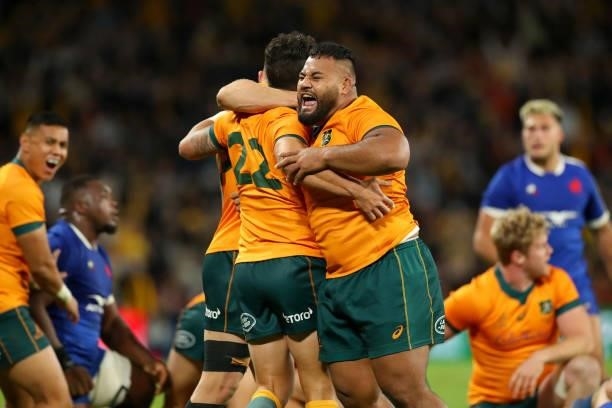 Taniela Tupou of the Wallabies celebrates victory during the International Test Match between the Australian Wallabies and France at Suncorp Stadium...