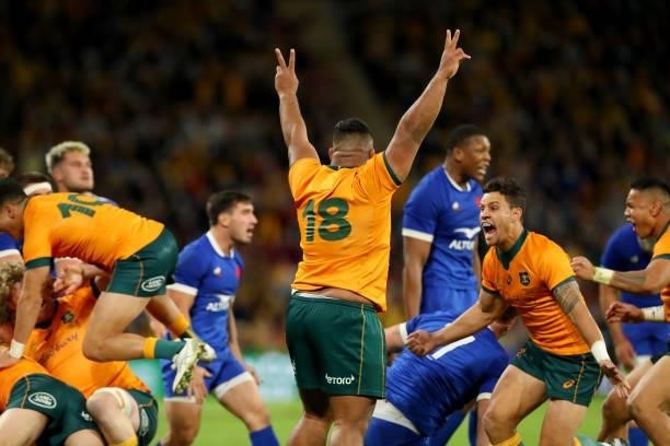 Taniela Tupou of the Wallabies celebrates victory during the International Test Match between the Australian Wallabies and France at Suncorp Stadium...