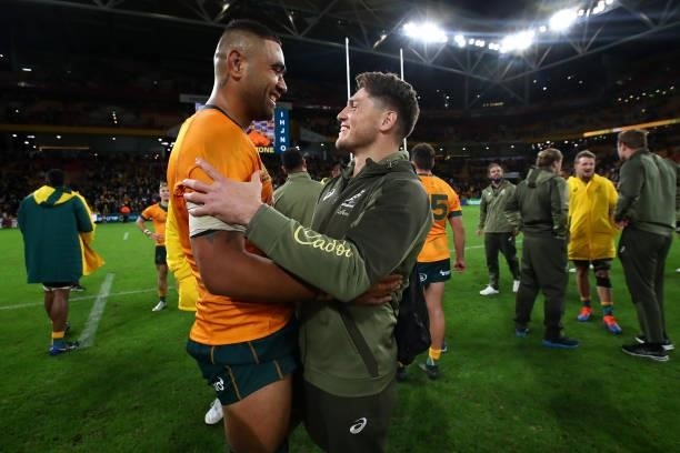 Lukhan Salakaia-Loto and James O'Connor of the Wallabies celebrate winning the International Test Match between the Australian Wallabies and France...
