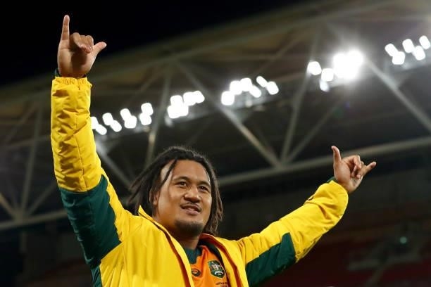 Brandon Paenga-Amosa of the Wallabies celebrates victory during the International Test Match between the Australian Wallabies and France at Suncorp...