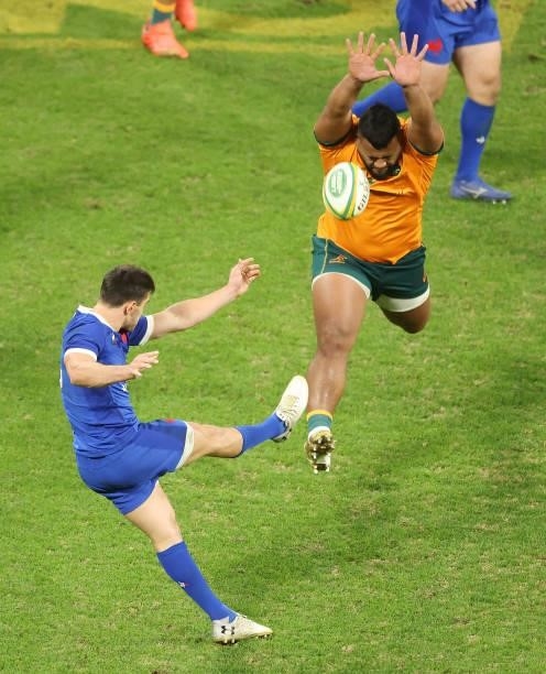 France's Baptiste Couilloud kicks during the International Test Match between the Australian Wallabies and France at Suncorp Stadium on July 17, 2021...