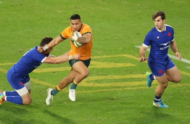 Australia's Len Ikitau during the International Test Match between the Australian Wallabies and France at Suncorp Stadium on July 17, 2021 in...