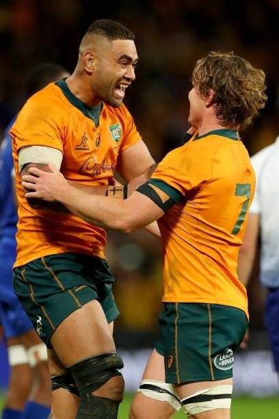 Lukhan Salakaia-Loto of the Wallabies and Michael Hooper of the Wallabies celebrate victory during the International Test Match between the...
