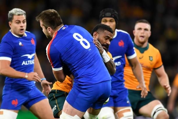 Marika Koroibete of Australia tackles Anthony Jelonch of France before being sent off for a shoulder charge during the International Test Match...