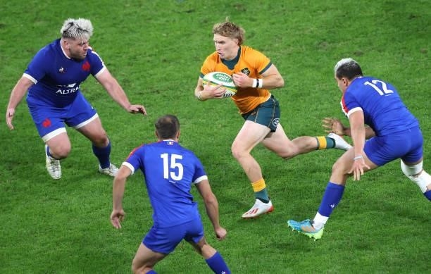 Australia's Tate McDermott during the International Test Match between the Australian Wallabies and France at Suncorp Stadium on July 17, 2021 in...