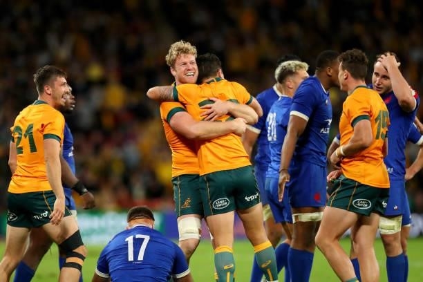 Matt Philip of the Wallabies celebrates victory during the International Test Match between the Australian Wallabies and France at Suncorp Stadium on...
