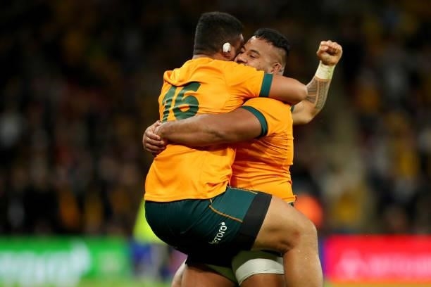 Jordan Uelese of the Wallabies and Taniela Tupou of the Wallabies celebrate victory during the International Test Match between the Australian...