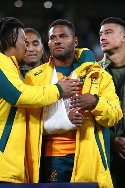Filipo Daugunu of the Wallabies is injured after the International Test Match between the Australian Wallabies and France at Suncorp Stadium on July...