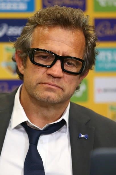 French coach Fabien Galthié speaks after loosing the International Test Match between the Australian Wallabies and France at Suncorp Stadium on July...