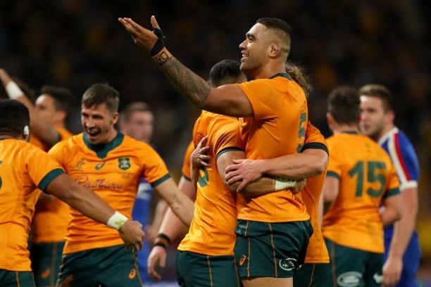 Lukhan Salakaia-Loto of the Wallabies celebrates victory during the International Test Match between the Australian Wallabies and France at Suncorp...