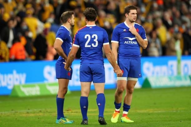 French players look on after the loss during the International Test Match between the Australian Wallabies and France at Suncorp Stadium on July 17,...