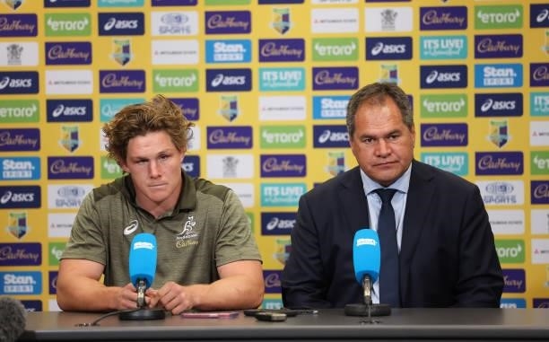 Michael Hooper and coach Dave Rennie of the Australian Wallabies speak to the media after the International Test Match between the Australian...