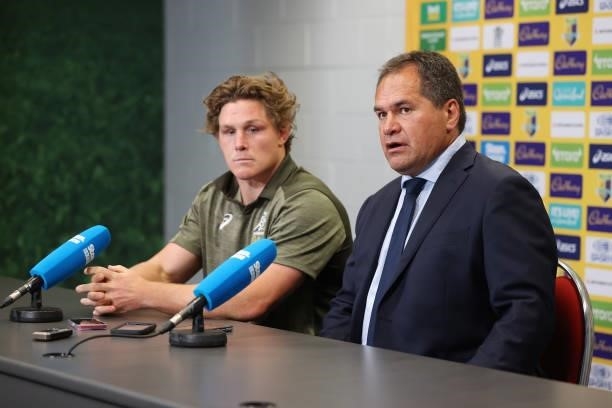 Michael Hooper and coach Dave Rennie of the Australian Wallabies speak to the media after the International Test Match between the Australian...