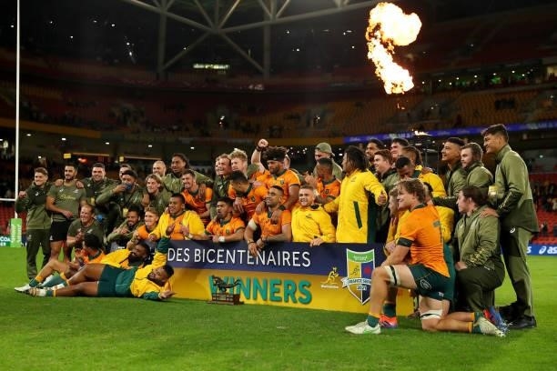 Wallabies players celebrate victory during the International Test Match between the Australian Wallabies and France at Suncorp Stadium on July 17,...
