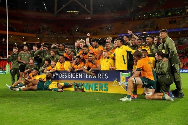Wallabies players celebrate victory during the International Test Match between the Australian Wallabies and France at Suncorp Stadium on July 17,...