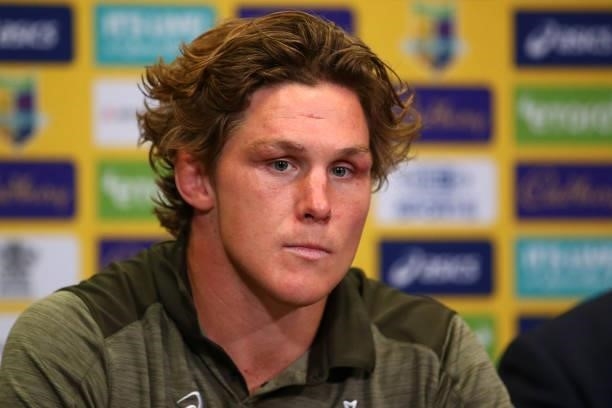 Wallabies captain Michael Hooper speaks at a press conference after the International Test Match between the Australian Wallabies and France at...