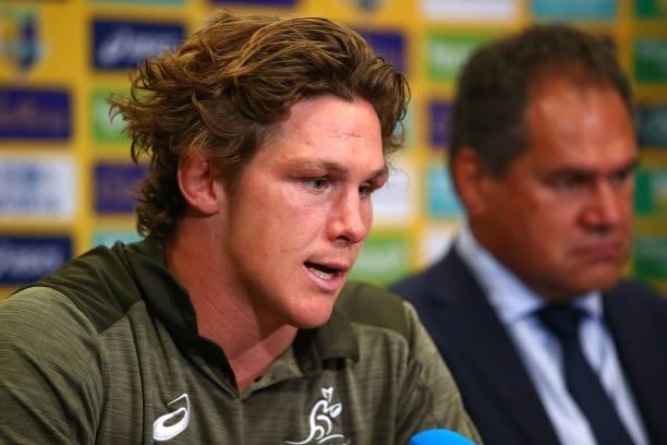 Wallabies captain Michael Hooper speaks at a press conference after the International Test Match between the Australian Wallabies and France at...
