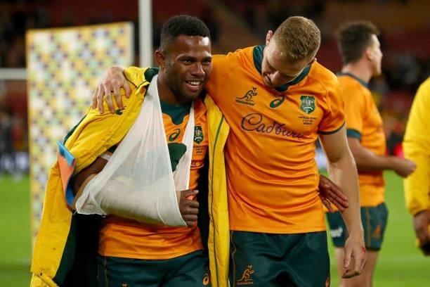 Filipo Daugunu of the Wallabies and Reece Hodge of the Wallabies look on after victory during the International Test Match between the Australian...