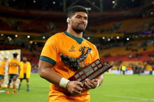 Hunter Paisami of the Wallabies looks on with the trophy during the International Test Match between the Australian Wallabies and France at Suncorp...