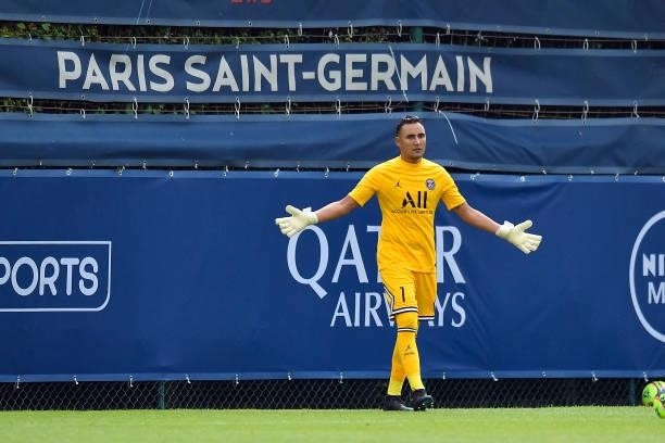 Keylor Navas of Paris Saint-Germain reacts during the friendly match between Paris Saint-Germain and FC Chambly at Ooredoo Center on July 17, 2021 in...