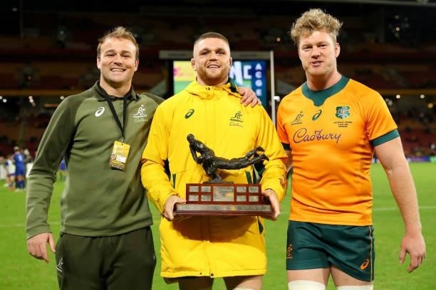 Lachlan Swinton of the Wallabies and Matt Philip of the Wallabies celebrate with the trophy during the International Test Match between the...