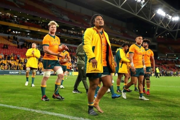Brandon Paenga-Amosa of the Wallabies celebrates a victory lap with team mates during the International Test Match between the Australian Wallabies...