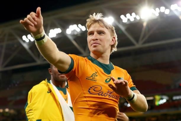 Tate McDermott of the Wallabies celebrates a victory lap during the International Test Match between the Australian Wallabies and France at Suncorp...