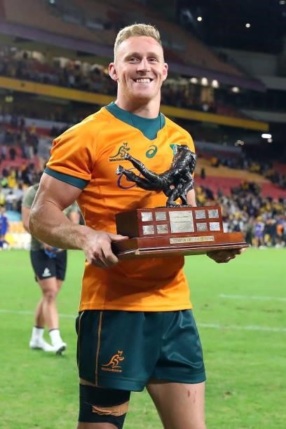 Reece Hodge of the Wallabies celebrates a victory lap with the trophy during the International Test Match between the Australian Wallabies and France...